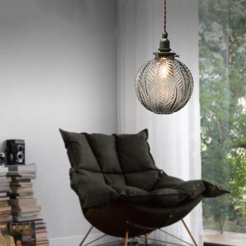 Retro Lotus-Textured Glass Globe Pendant Light, 1-Light