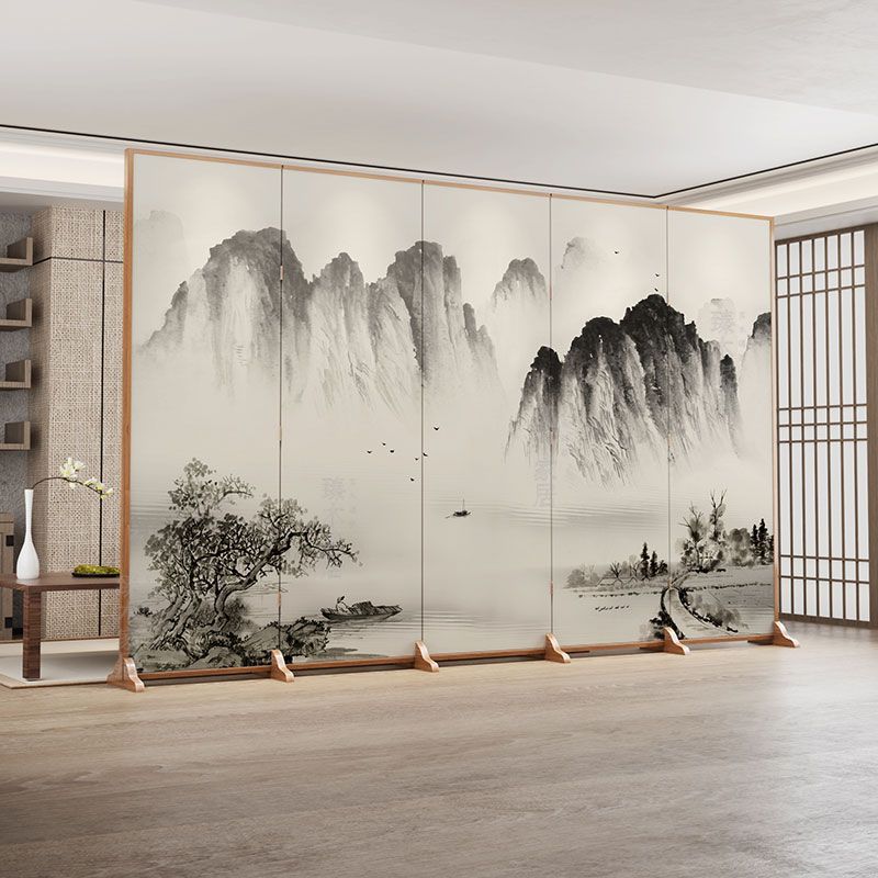 Traditional Chinese-Style Rectangular Fir Wood Room Divider - Solid Wood, Plywood, and Cotton Canvas for Living Room