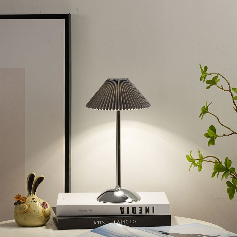 Modern Scandinavian Rechargeable Table Lamp – Iron Frame, Pleated Conical Fabric Shade, 1-Light, Perfect for Bedside