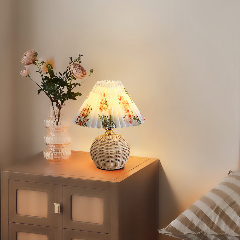 Chic Nordic Rattan Fabric Pleated Conic Ball LED Table Lamp for Bedroom - Modern Ambient Lighting