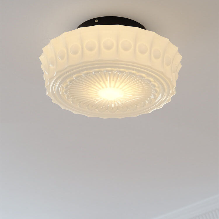 French Vintage White Jade Glass Striped Round Drum LED Semi-Flush Ceiling Light