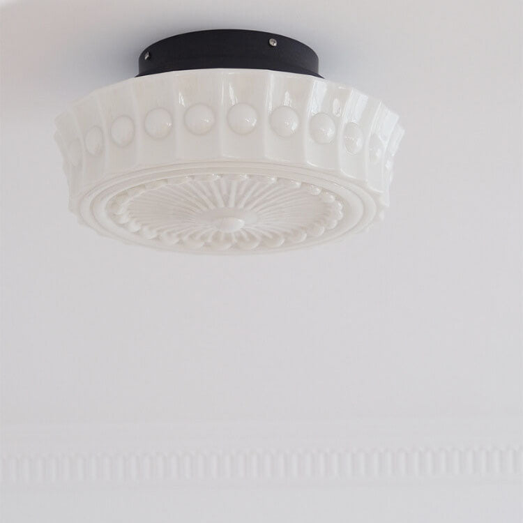French Vintage White Jade Glass Striped Round Drum LED Semi-Flush Ceiling Light