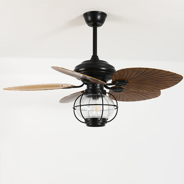 Traditional Rustic Lantern Ceiling Fan with Banana-Shaped Blades and Iron-and-Glass Light — 1-Light, Downrod Mount, Perfect for Living Rooms