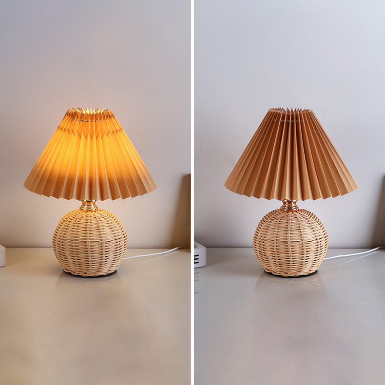 Chic Nordic Rattan Fabric Pleated Conic Ball LED Table Lamp for Bedroom - Modern Ambient Lighting