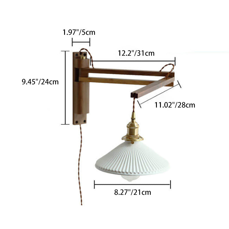 Nordic Milk-White Striped Glass and Walnut 1-Light Wall Sconce with Retractable Arm