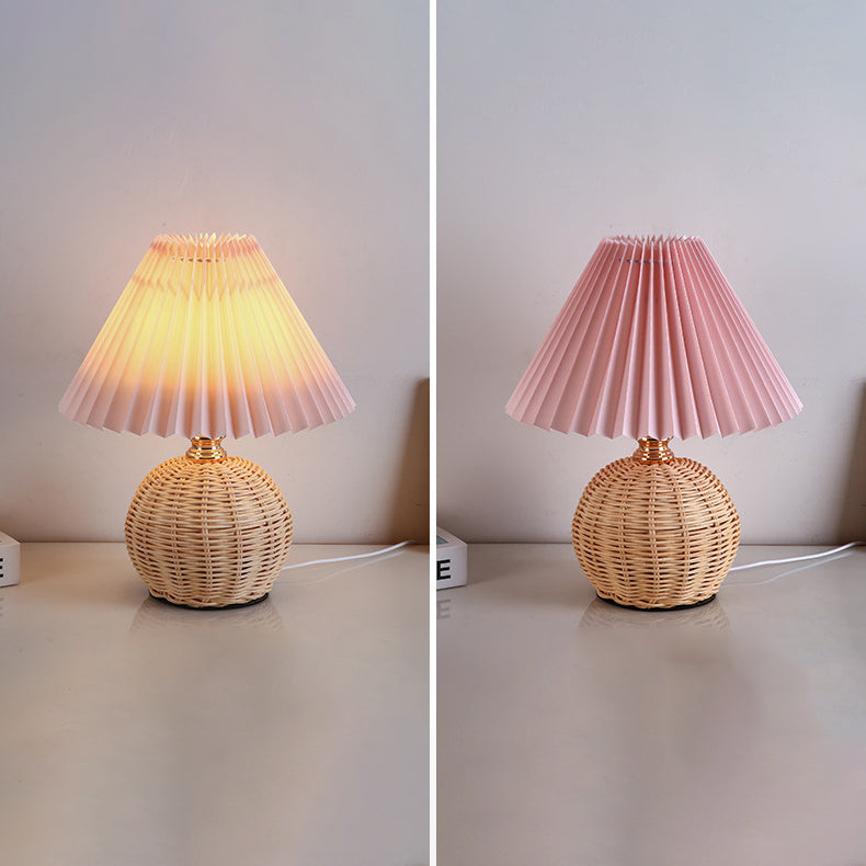 Chic Nordic Rattan Fabric Pleated Conic Ball LED Table Lamp for Bedroom - Modern Ambient Lighting