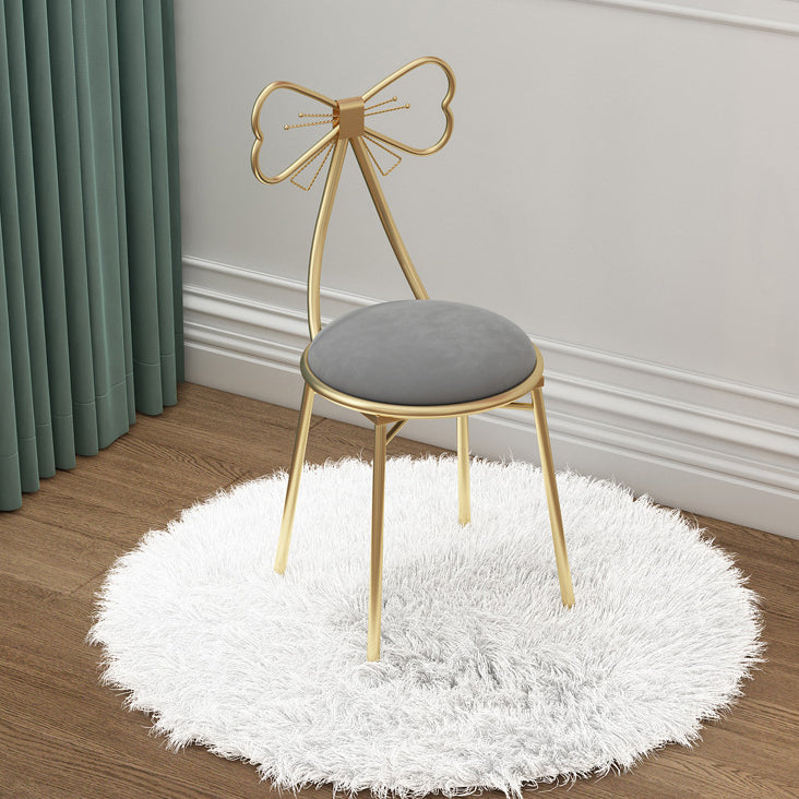 Contemporary Bow-Shape Velvet Upholstered Round Vanity Stool with Backrest - PU Leather & Metal Frame for Bedroom