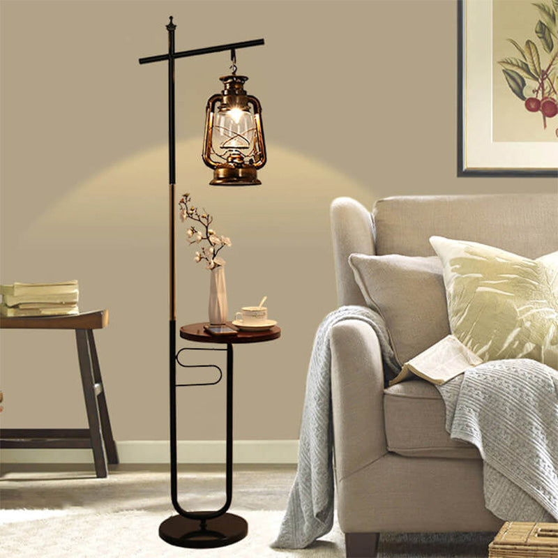 European Vintage Simple Lantern Floor Lamp with Marble Tabletop - Iron & Wood, 1-Light