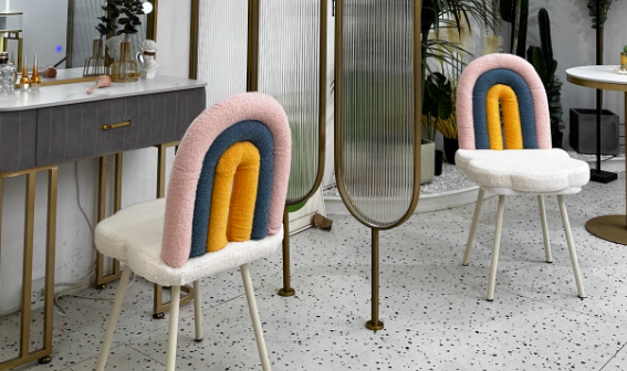 Contemporary Rainbow Lambswool Iron Vanity Stool with Backrest – Armless Bedroom Chair
