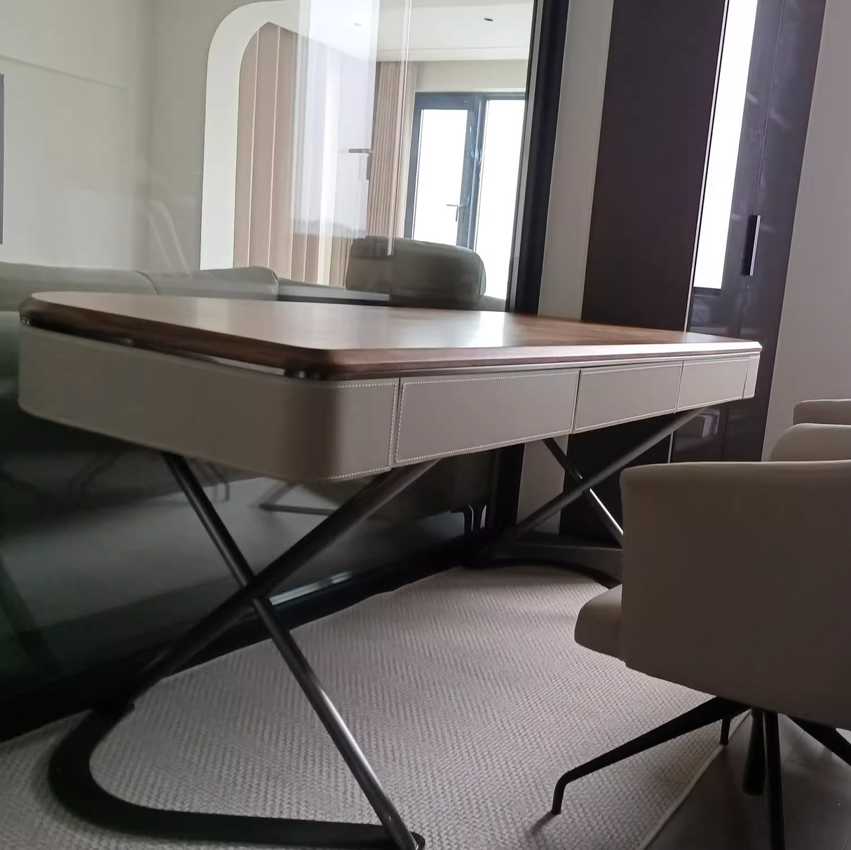 Modern Minimalist Saddle Leather & Wood Desk with Stainless Steel Oval X-Leg, 2-Drawer for Home Office