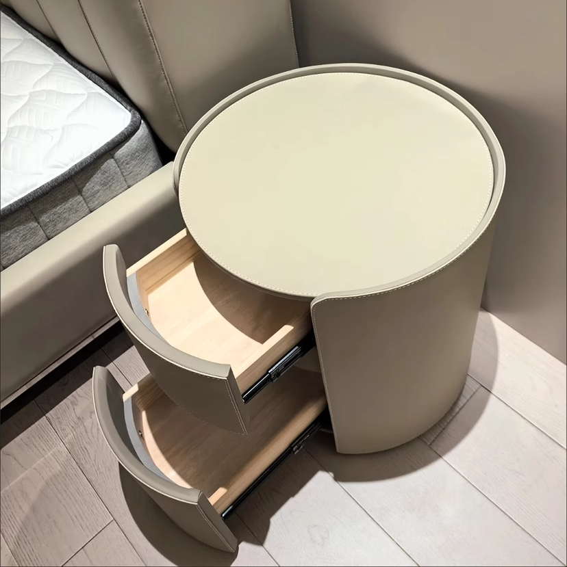 Modern Luxury Round Faux Saddle Leather Nightstand with 2 Drawers – Bedroom Accent Table