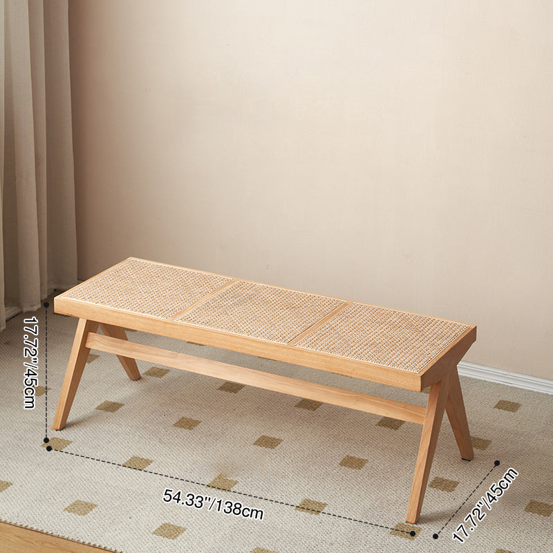 Traditional Japanese Rubber Wood & Rattan Rectangular V-Leg Bench with Handwoven Seat — Elegant Entryway & Living Room Accent