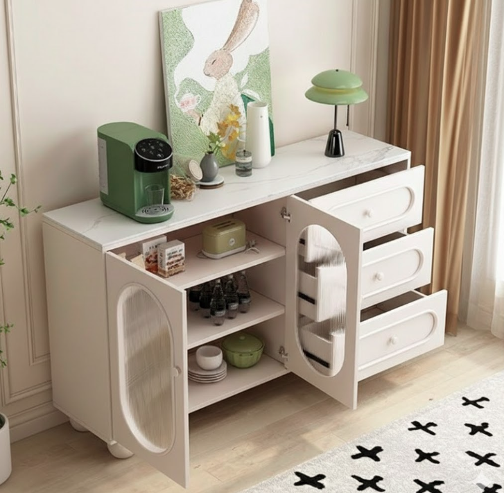 Contemporary Scandinavian Rectangular Sideboard with 1 Cabinet and 3 Drawers, Sintered Stone Surface, Fluted Glass Accents, MDF/Particle Board, Living Room