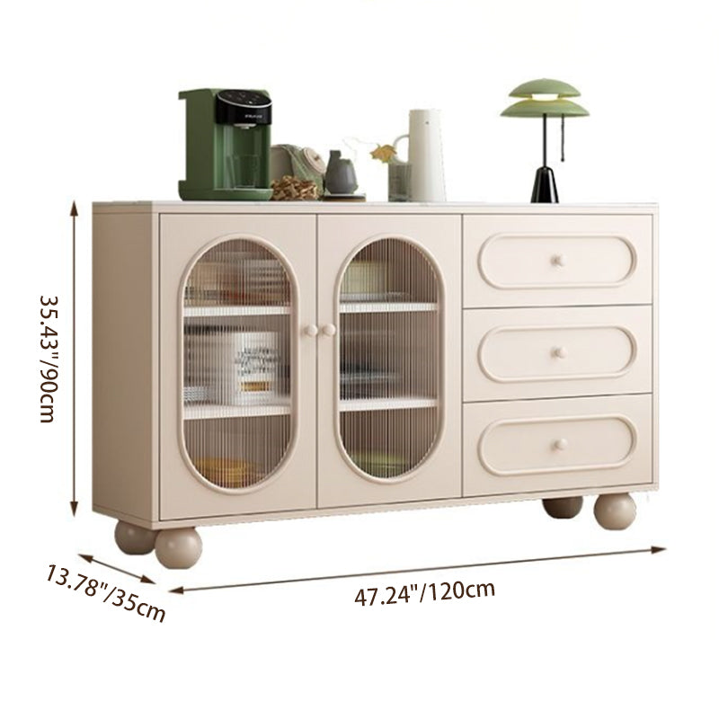 Contemporary Scandinavian Rectangular Sideboard with 1 Cabinet and 3 Drawers, Sintered Stone Surface, Fluted Glass Accents, MDF/Particle Board, Living Room