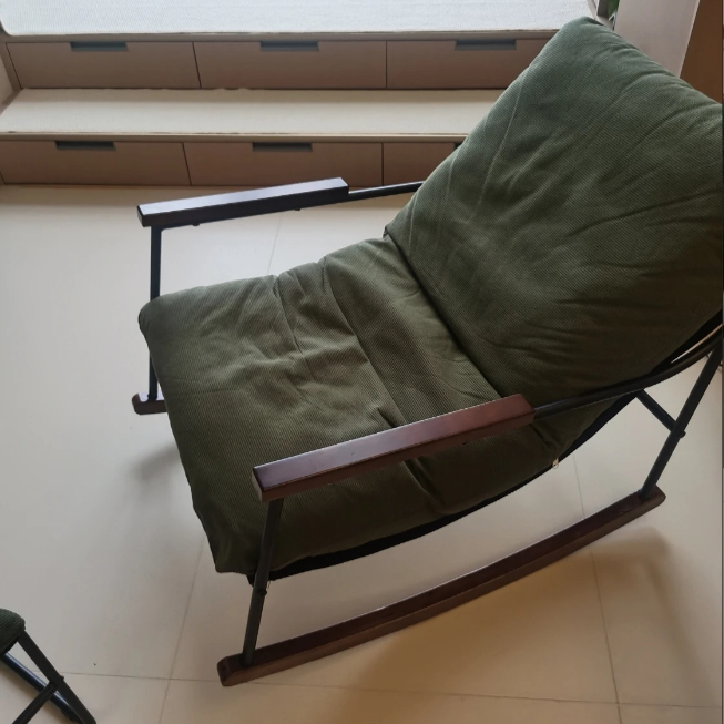 Modern Scandinavian Rocking Chair with Silver-Plated Iron Frame, Corduroy Upholstery, PP Cotton Cushions, and Solid Rubberwood — Ideal for Living Room