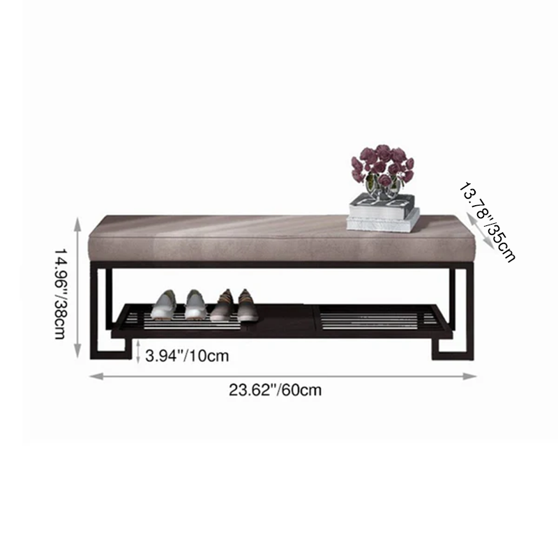 Sleek Modern Minimalist Rectangular Wrought Iron Shoe Bench with PU Leather & Tech Fabric, 2-Tier for Entryway