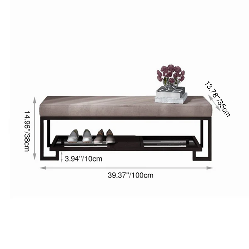 Sleek Modern Minimalist Rectangular Wrought Iron Shoe Bench with PU Leather & Tech Fabric, 2-Tier for Entryway