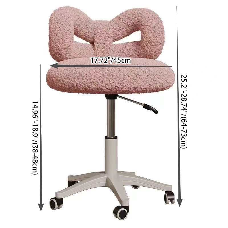 Modern Art Deco Butterfly Knot Vanity Stool – Round Lambswool and Faux Leather Seat, Metal Frame, Backrest, Armless, for Bedroom