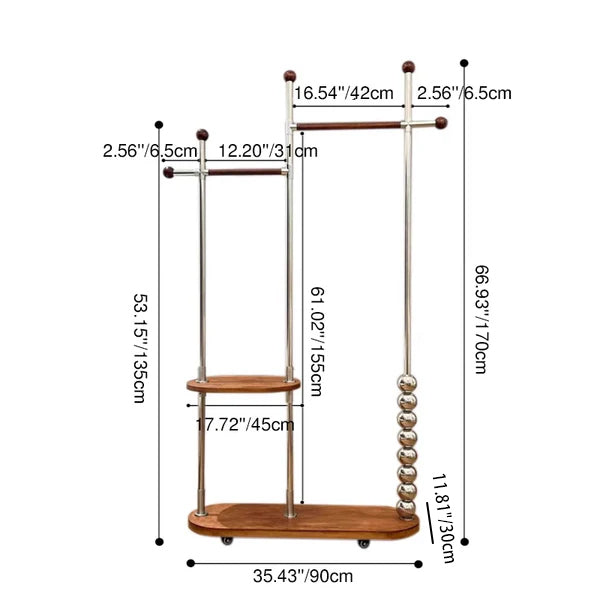 Modern Minimalist Oval Freestanding Hall Tree - Stainless Steel/Carbon Steel and Plywood, Double Hanging Bars for Bedroom