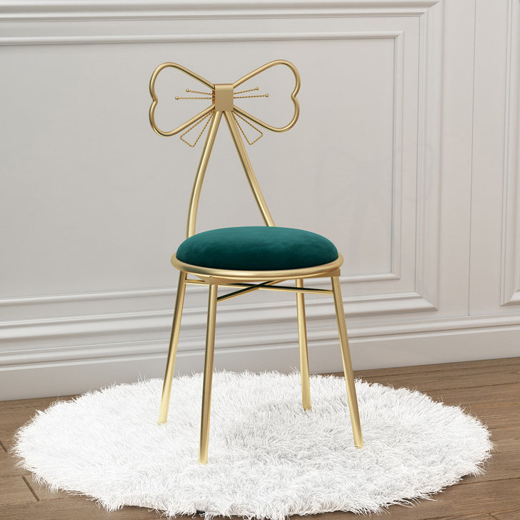 Contemporary Bow-Shape Velvet Upholstered Round Vanity Stool with Backrest - PU Leather & Metal Frame for Bedroom