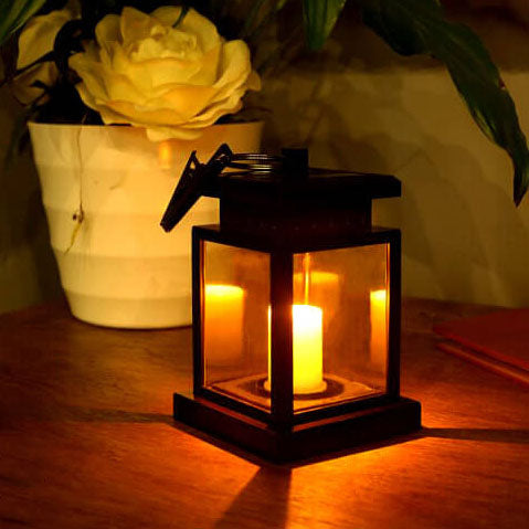 Solar-Powered Vintage Candle Lantern with LED — Outdoor Hanging Light