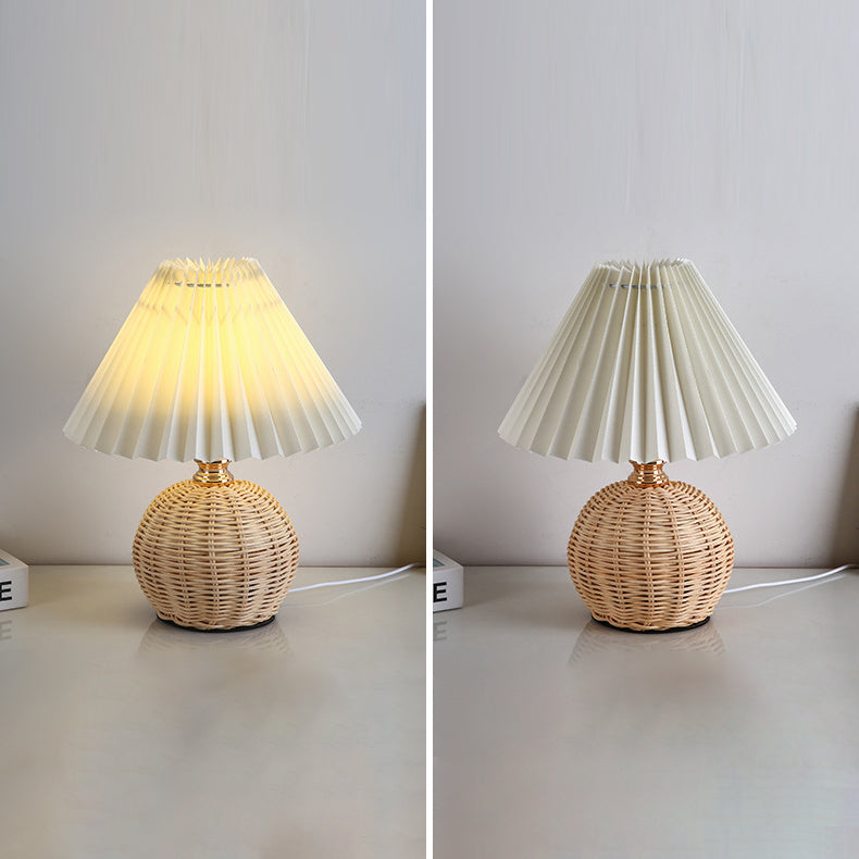 Chic Nordic Rattan Fabric Pleated Conic Ball LED Table Lamp for Bedroom - Modern Ambient Lighting