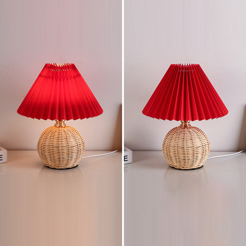 Chic Nordic Rattan Fabric Pleated Conic Ball LED Table Lamp for Bedroom - Modern Ambient Lighting
