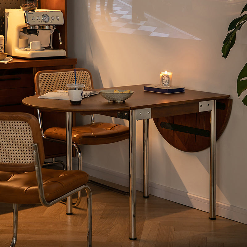 Modern Minimalist Foldable Oval Dining Table – Melamine-Faced Board, Wood & Stainless Steel, Seats 4