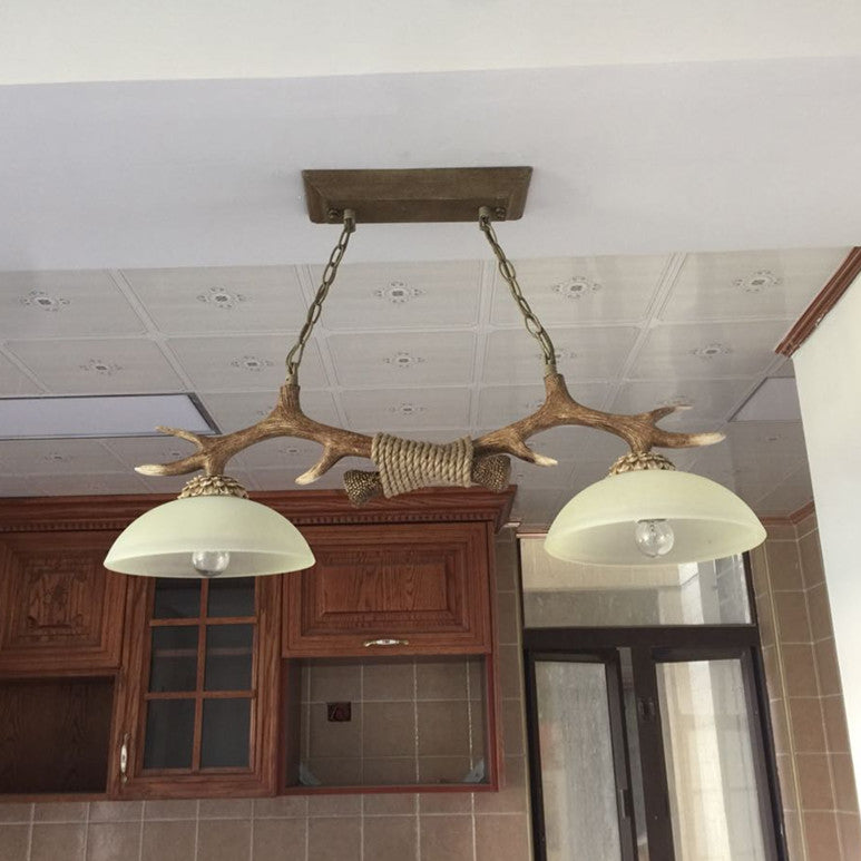 Vintage Resin Antler Chandelier with Glass Bowl Shade – 2-Light Fixture