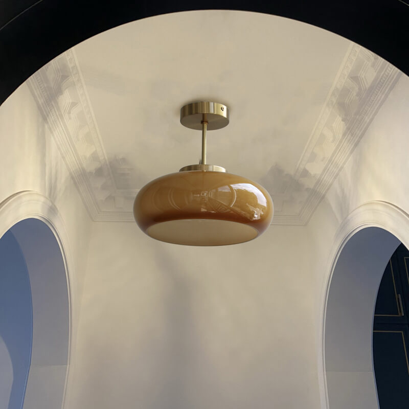 Vintage Brass & Yellow Glass 1-Light Semi-Flush Mount Ceiling Light