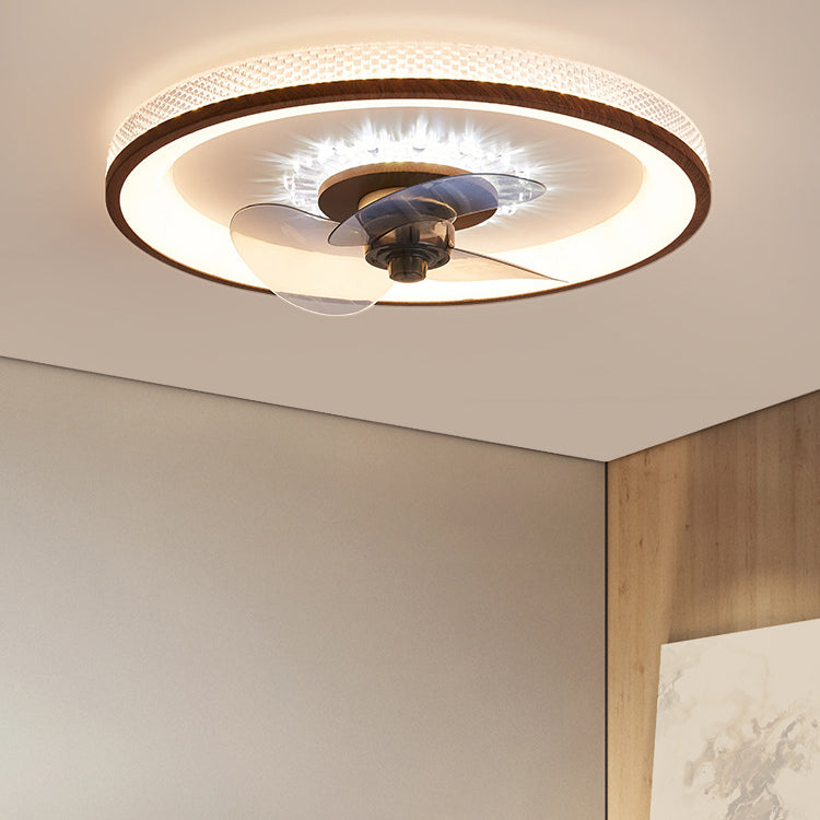 Nordic Minimalist Round LED Flush-Mount Ceiling Fan Light with Wood-Grain Acrylic Finish