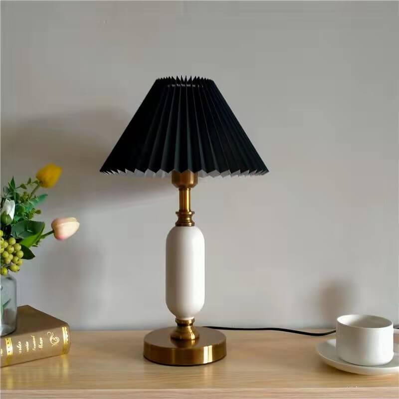 Vintage-Style 1-Light Table Lamp with Pleated Shade and Column Base