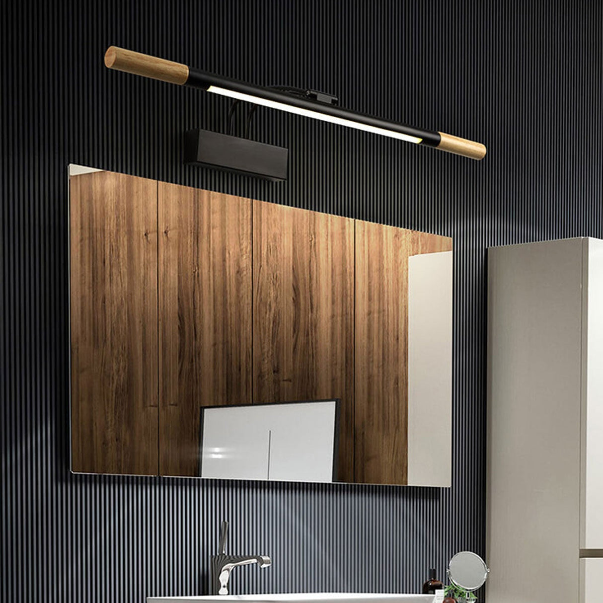 Nordic Solid Wood Vanity Light with Curved Arm — Long LED Wall Sconce