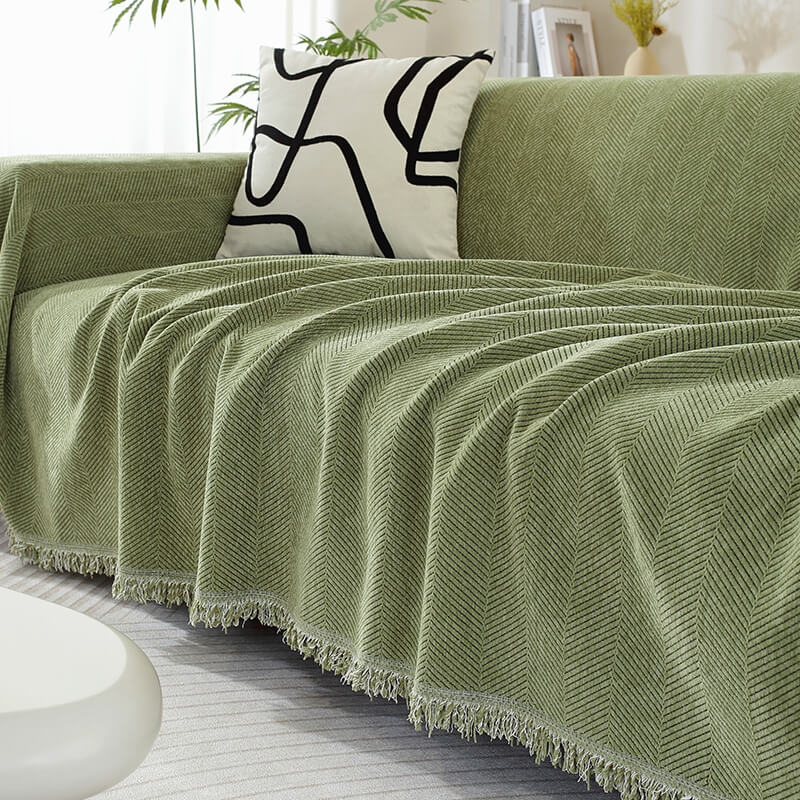 Ultra-Soft Chenille Herringbone Tassel Couch Cover — Plush Sofa Throw Blanket