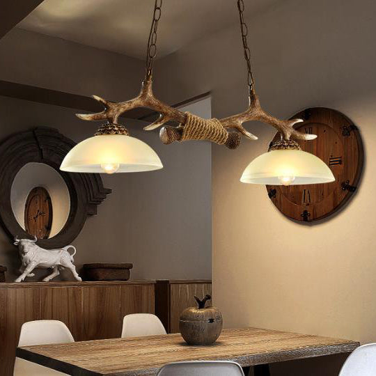 Vintage Resin Antler Chandelier with Glass Bowl Shade – 2-Light Fixture