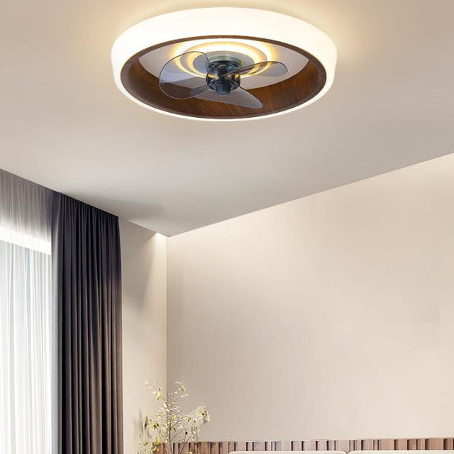 Nordic Minimalist Round LED Flush-Mount Ceiling Fan Light with Wood-Grain Acrylic Finish