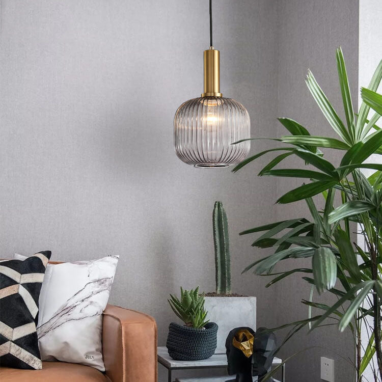 Chic Minimalist Striped Glass Lantern Pendant Light — 1 Light Fixture