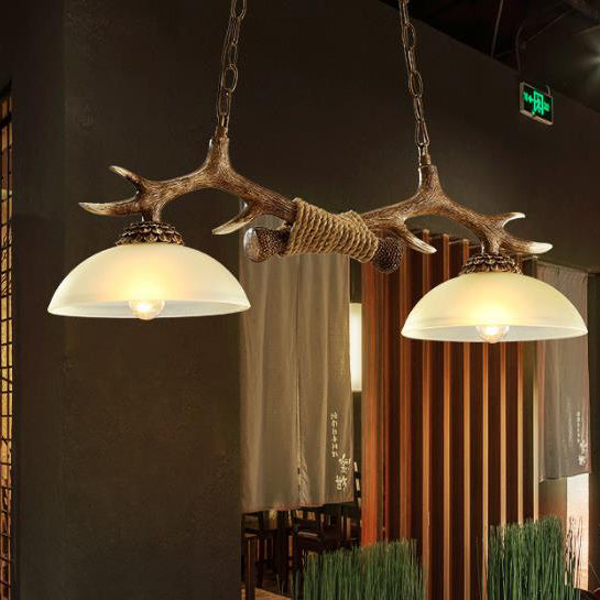 Vintage Resin Antler Chandelier with Glass Bowl Shade – 2-Light Fixture