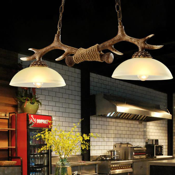 Vintage Resin Antler Chandelier with Glass Bowl Shade – 2-Light Fixture