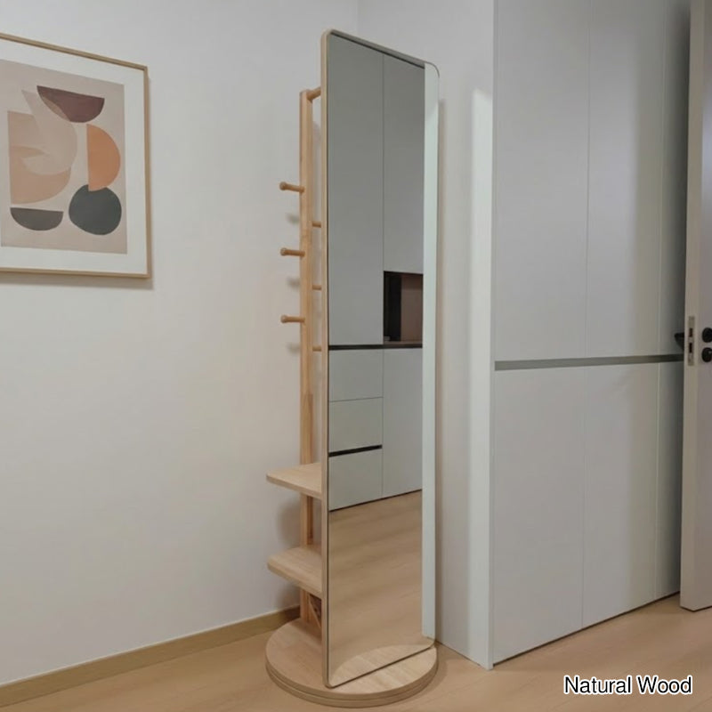 Modern Minimalist Rectangular Solid-Wood Hall Tree — Rotating, Movable with Mirror and 3-Tier Storage for Bedroom & Entryways