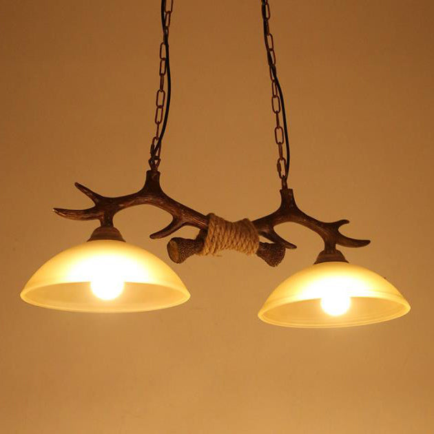 Vintage Resin Antler Chandelier with Glass Bowl Shade – 2-Light Fixture