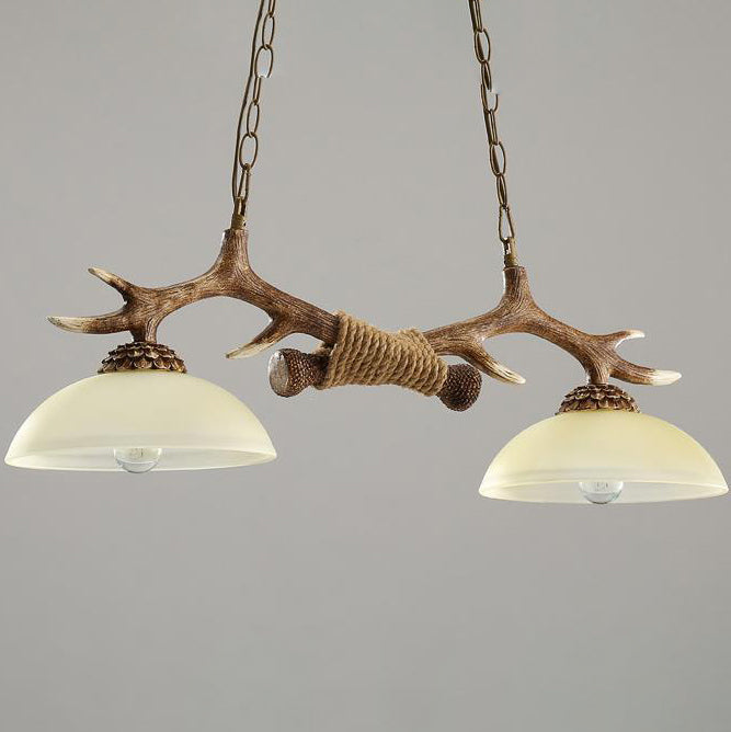 Vintage Resin Antler Chandelier with Glass Bowl Shade – 2-Light Fixture