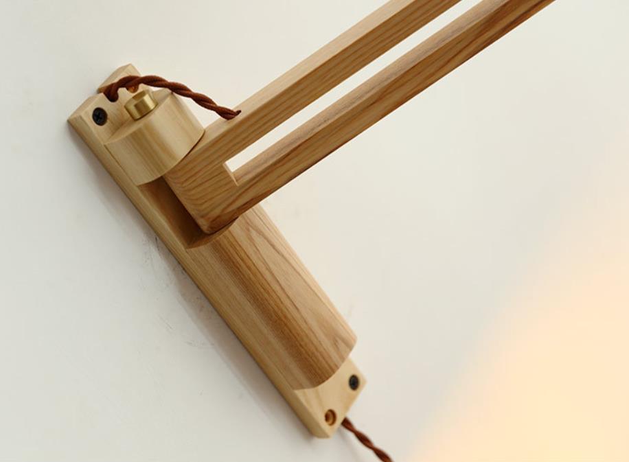 Nordic Milk-White Striped Glass and Walnut 1-Light Wall Sconce with Retractable Arm