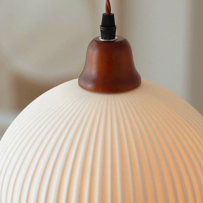 Elegant Japanese Vintage Pleated Ceramic Round Dome Wood 1-Light Pendant Lamp