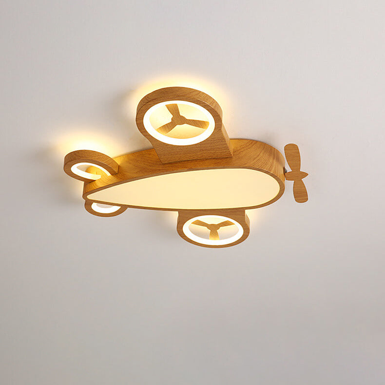 Whimsical Cartoon Aircraft LED Kids' Ceiling Light with Wood Grain Finish β Flush Mount