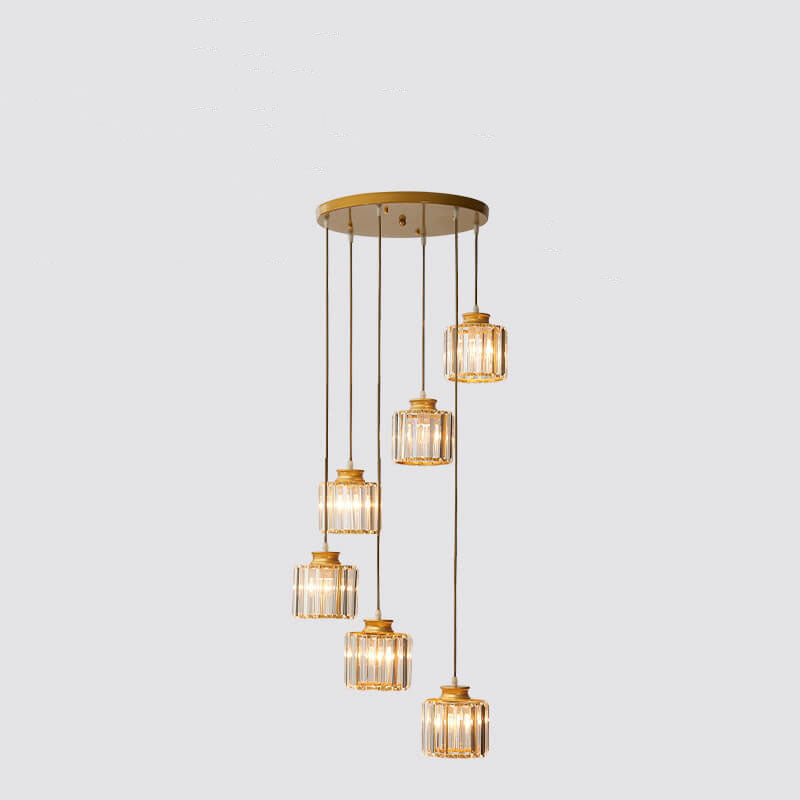 Sleek Modern Prismatic Crystal Cylinder Stairway Chandeliers – 6-Light