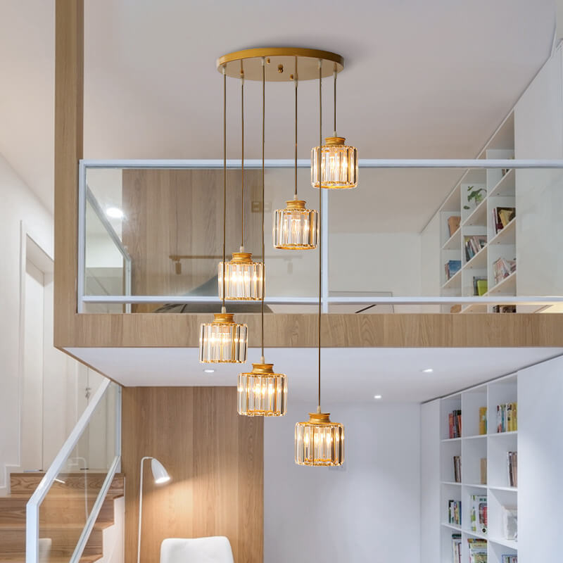 Sleek Modern Prismatic Crystal Cylinder Stairway Chandeliers – 6-Light