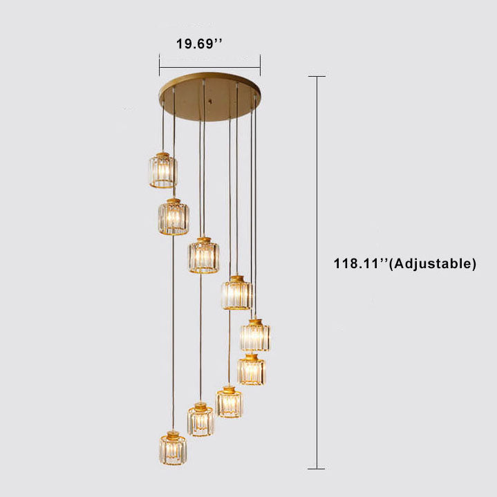 Sleek Modern Prismatic Crystal Cylinder Stairway Chandeliers – 6-Light
