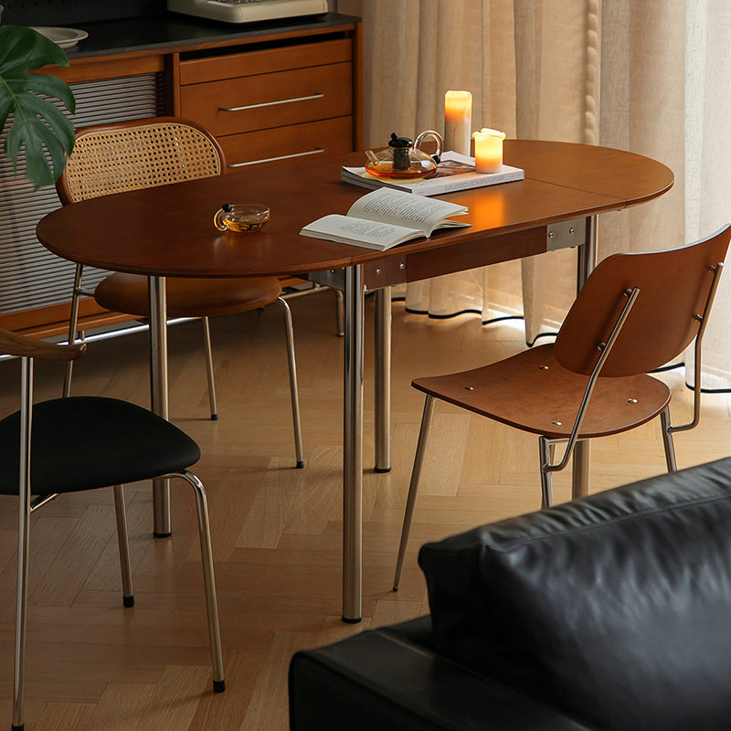 Modern Minimalist Foldable Oval Dining Table – Melamine-Faced Board, Wood & Stainless Steel, Seats 4