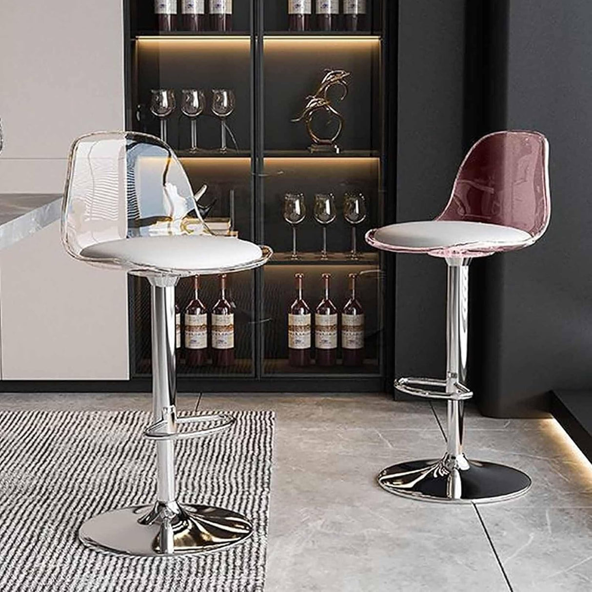 Contemporary Scandinavian Curved Acrylic Bar Stool with Metal Base — Adjustable Swivel, Backrest and Footrest for Kitchen
